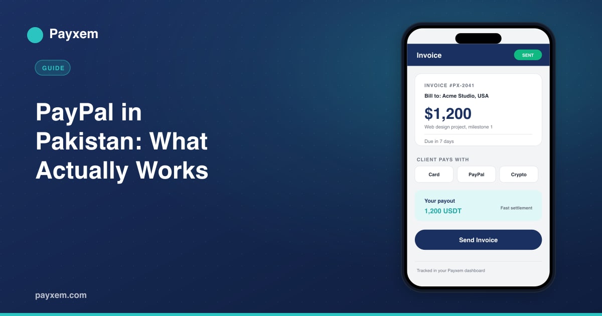 Payxem invoice screen where an international client can pay with card, PayPal, or crypto